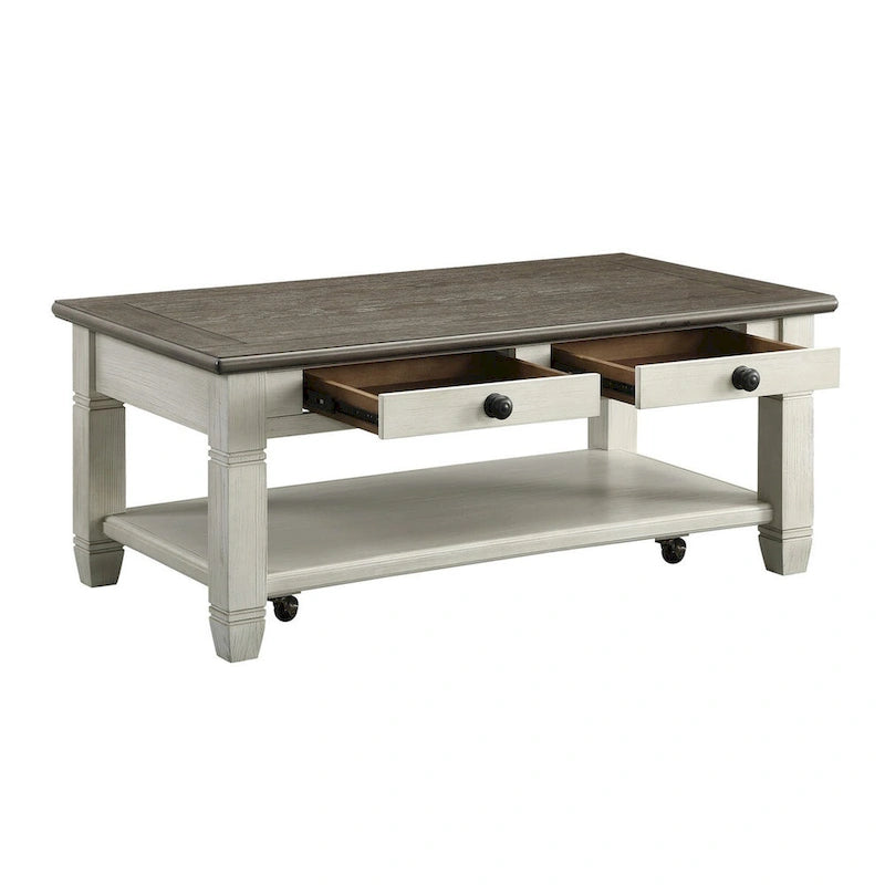48" Solid Rubberwood Cocktail Coffee Table with Drawers and Lower Shelf