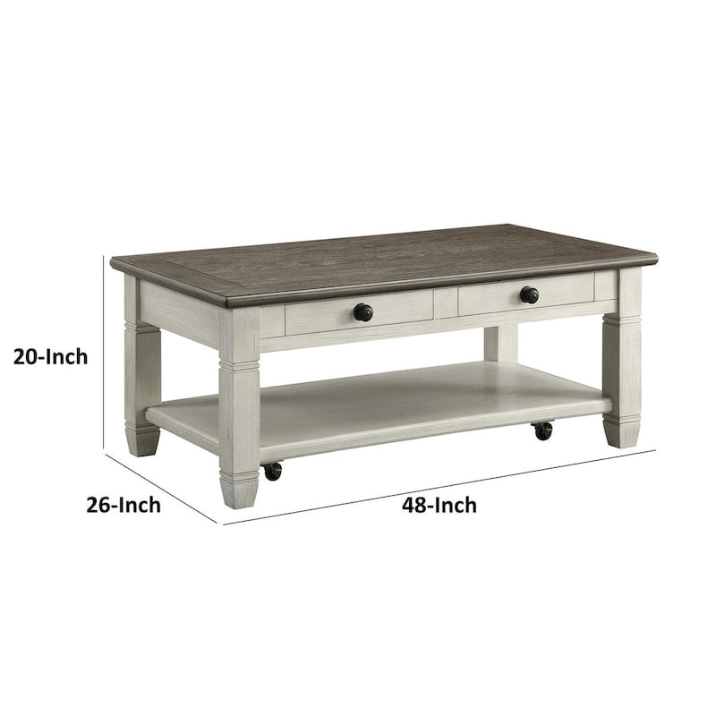48" Solid Rubberwood Cocktail Coffee Table with Drawers and Lower Shelf
