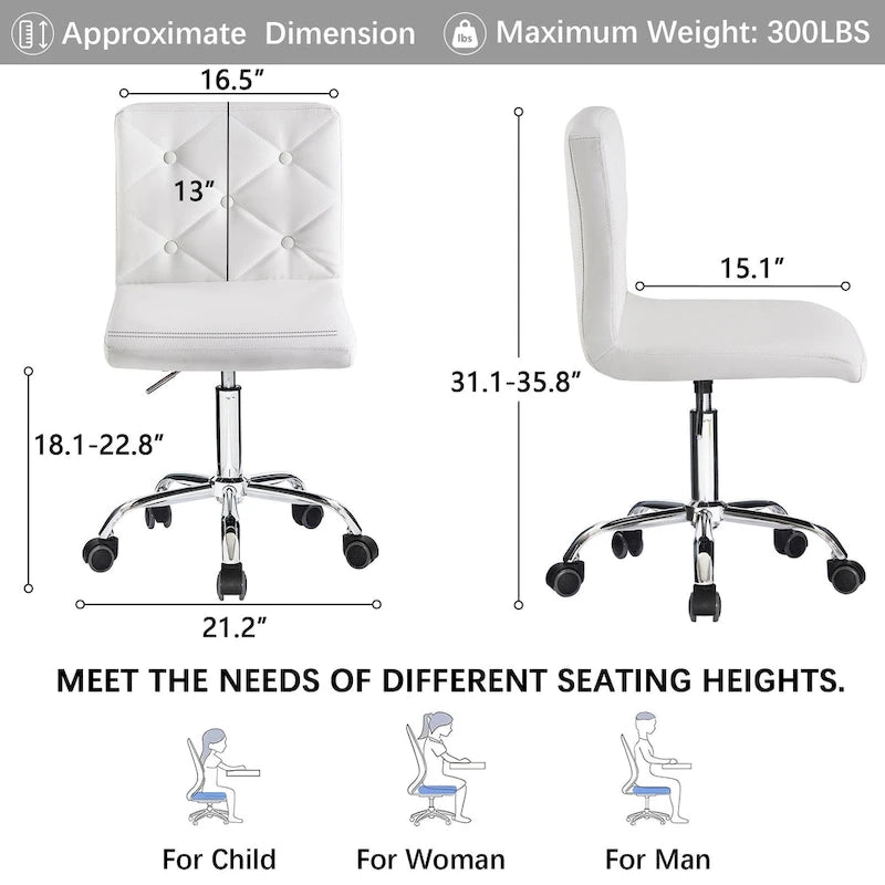 Chaise de bureau sans accoudoirs à dossier mi-haut en similicuir PU, hauteur réglable et pivotement à 360°