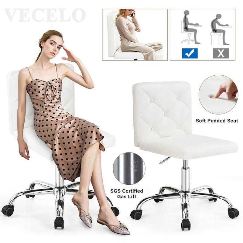 Chaise de bureau sans accoudoirs à dossier mi-haut en similicuir PU, hauteur réglable et pivotement à 360°
