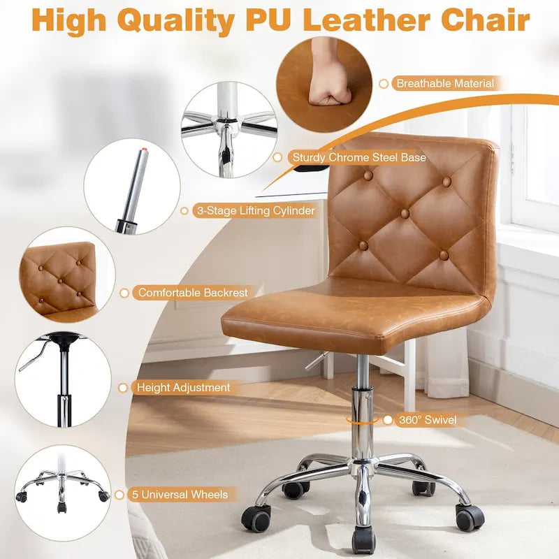 Chaise de bureau sans accoudoirs à dossier mi-haut en similicuir PU, hauteur réglable et pivotement à 360°