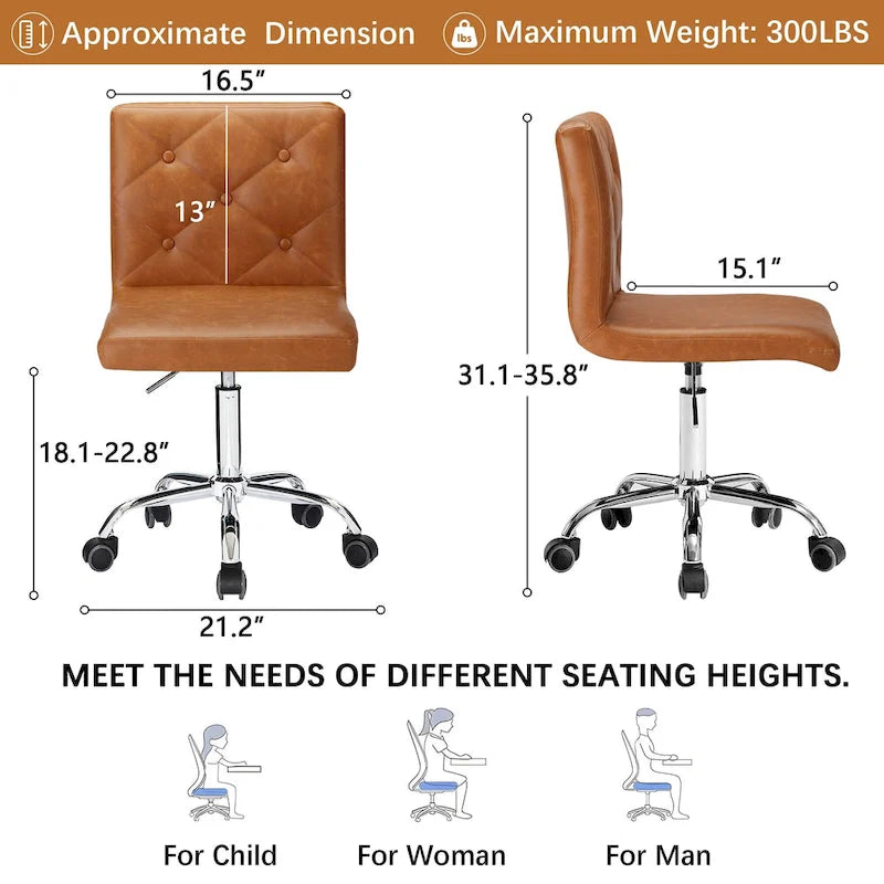 Chaise de bureau sans accoudoirs à dossier mi-haut en similicuir PU, hauteur réglable et pivotement à 360°