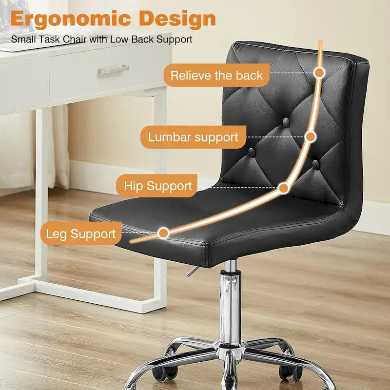Chaise de bureau sans accoudoirs à dossier mi-haut en similicuir PU, hauteur réglable et pivotement à 360°