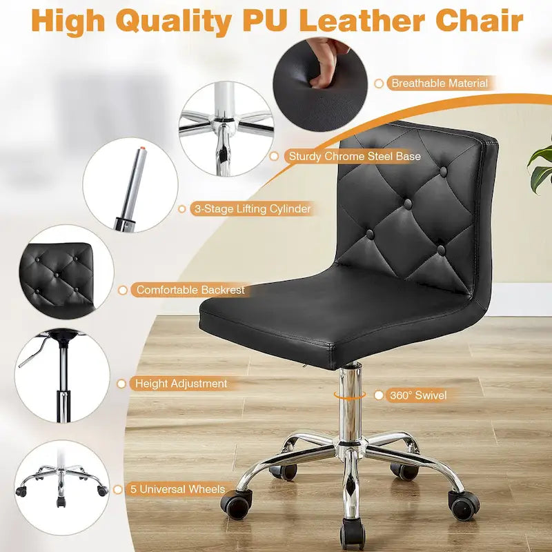Chaise de bureau sans accoudoirs à dossier mi-haut en similicuir PU, hauteur réglable et pivotement à 360°
