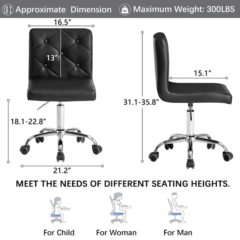 Chaise de bureau sans accoudoirs à dossier mi-haut en similicuir PU, hauteur réglable et pivotement à 360°