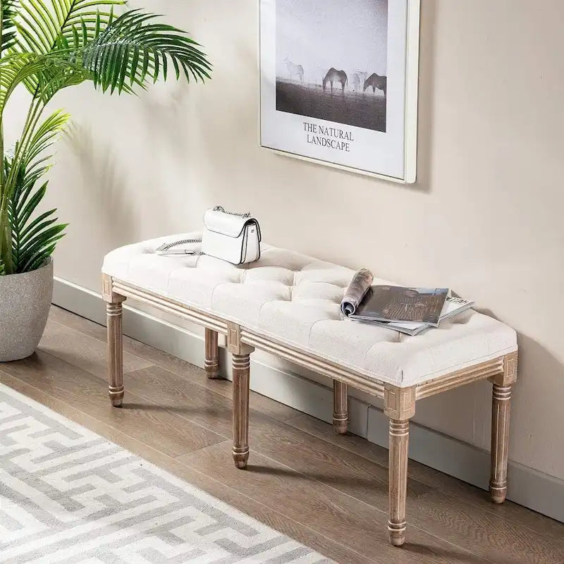 48" Tufted Linen Upholstered Bench with Rubberwood Legs