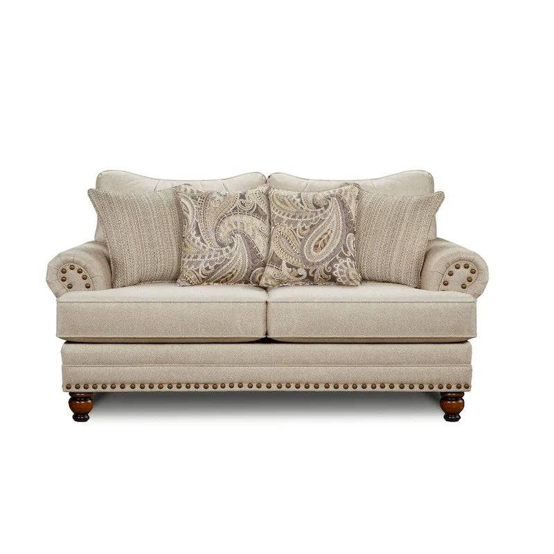 Beige Transitional Loveseat with Nailhead Trim