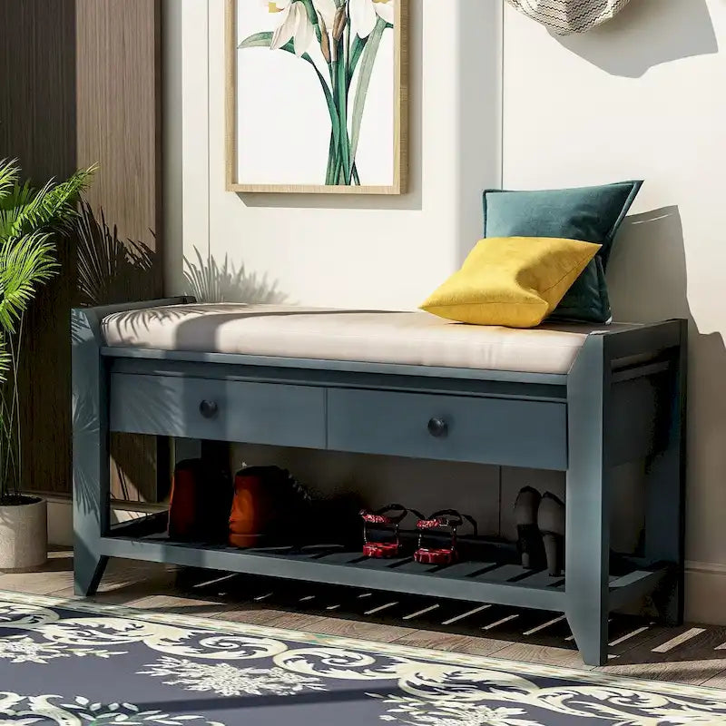 Cushioned Storage Bench with Shoe Rack and Drawers in Antique Navy