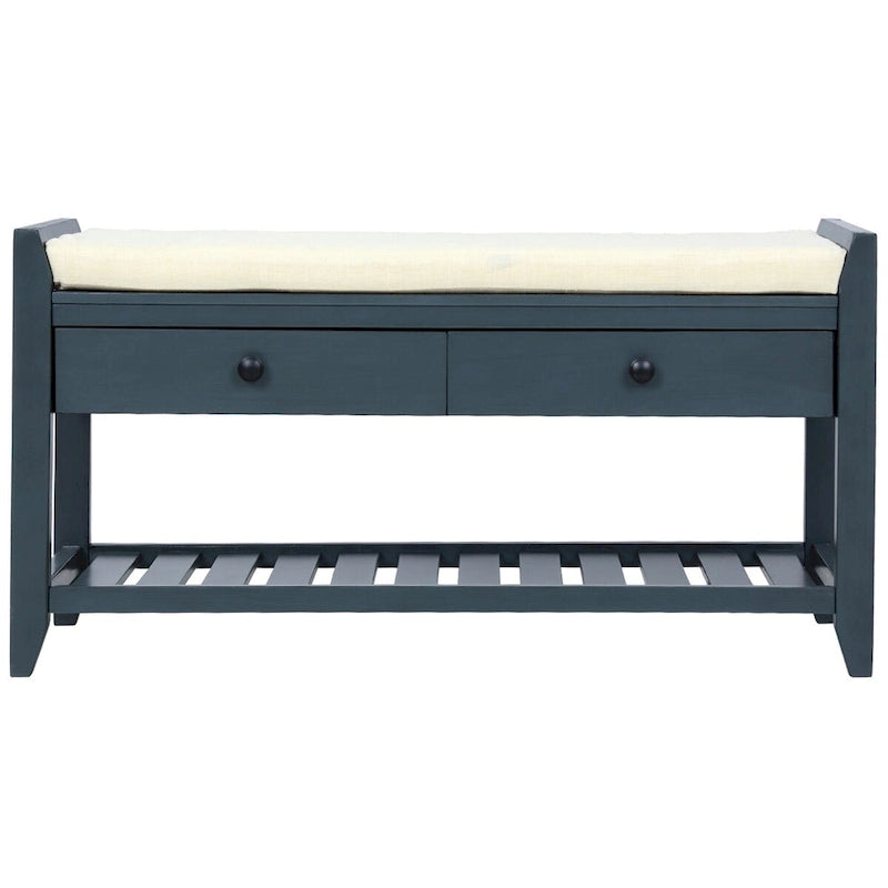 Cushioned Storage Bench with Shoe Rack and Drawers in Antique Navy