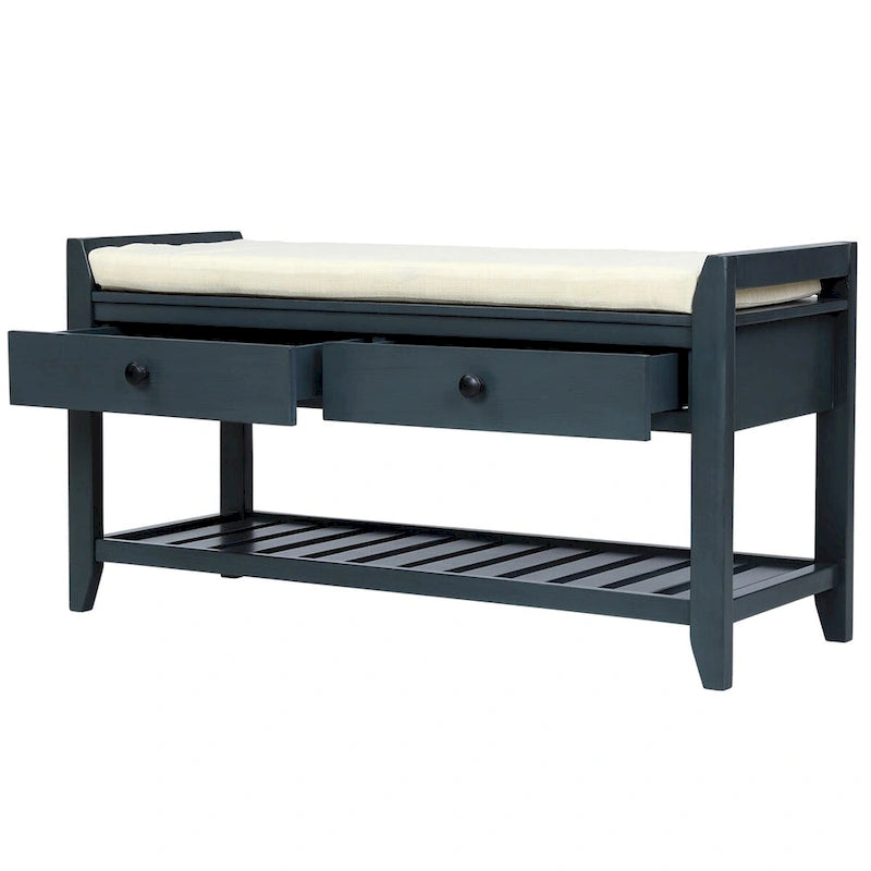 Cushioned Storage Bench with Shoe Rack and Drawers in Antique Navy