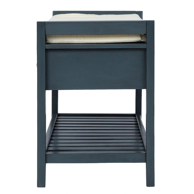 Banc de rangement rembourré avec range-chaussures et tiroirs, bleu marine antique