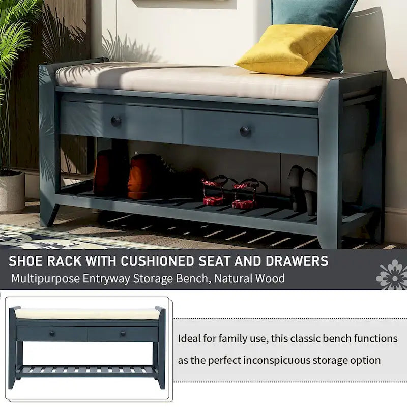 Banc de rangement rembourré avec range-chaussures et tiroirs, bleu marine antique