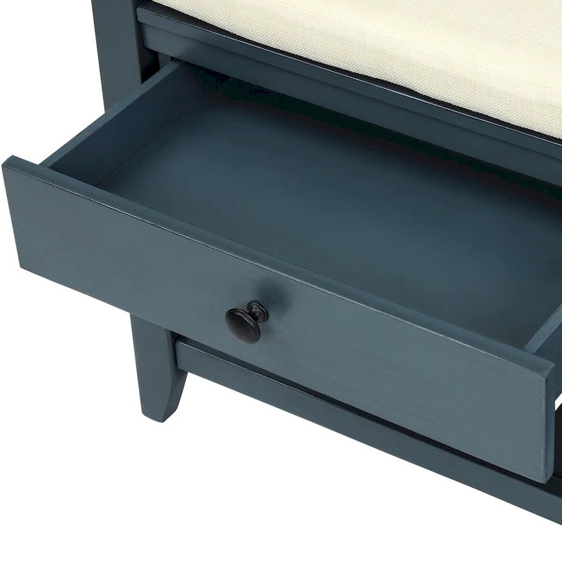 Banc de rangement rembourré avec range-chaussures et tiroirs, bleu marine antique