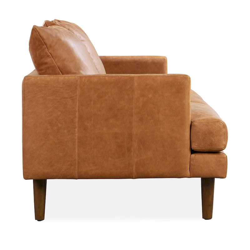 Full-Aniline Genuine Leather Sofa with Feather Down Cushions & Walnut Wood Legs - 88" Wide