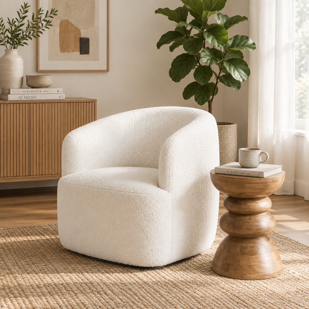 White Sherpa Swivel Chair – Scandinavian Living Room Scene